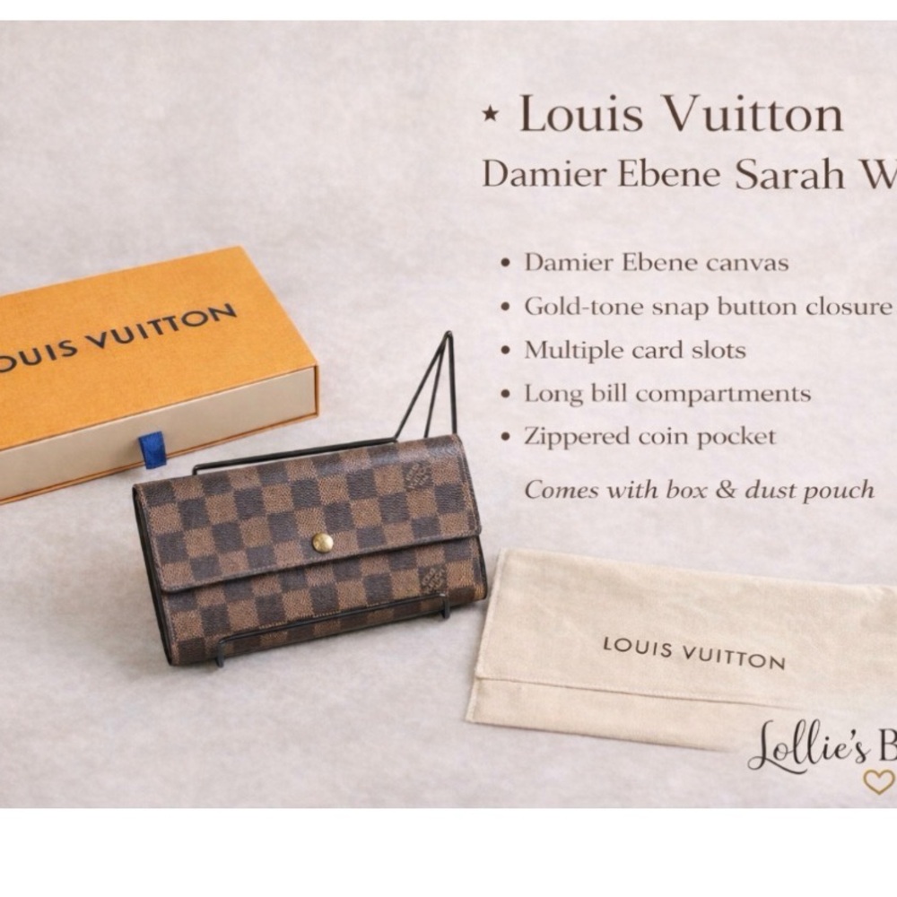 Louis Vuitton Damier Ebene Sarah Wallet with Gold Accents